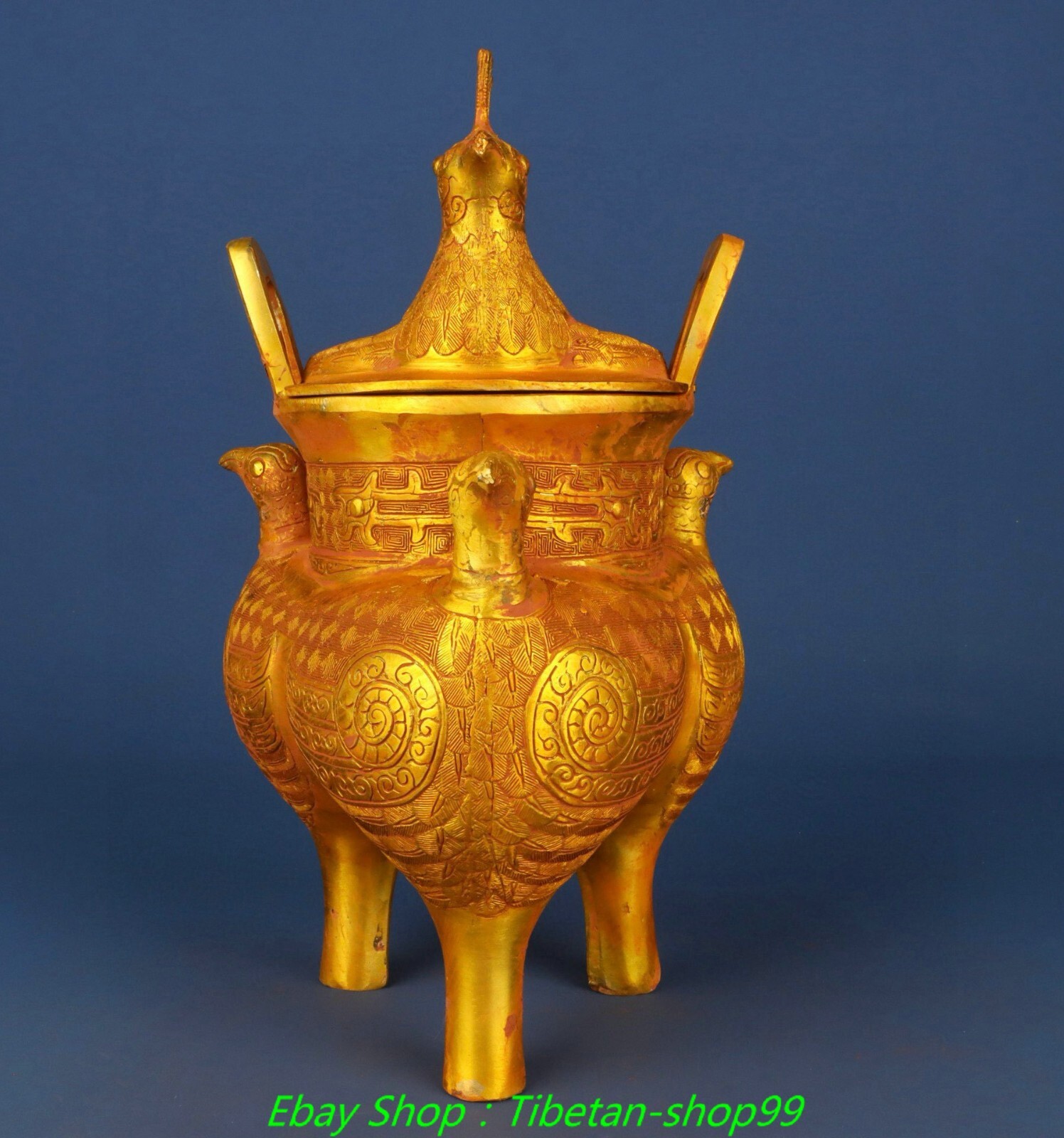 11.8''Old Dynasty Bronze Ware Gilt Inscription 3 Bird Incense Burner Censer