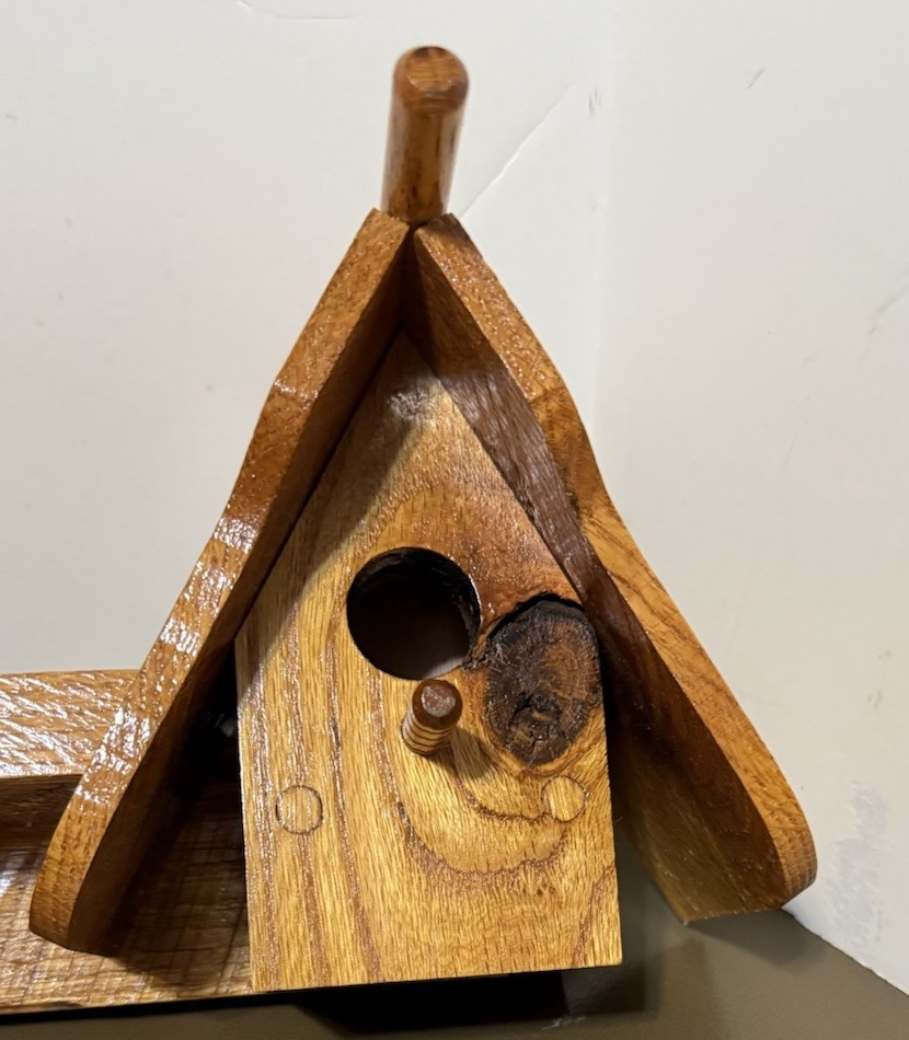 Handmade Double Birdhouse Shelf / Coat rack Carved Wood Hooks Vintage