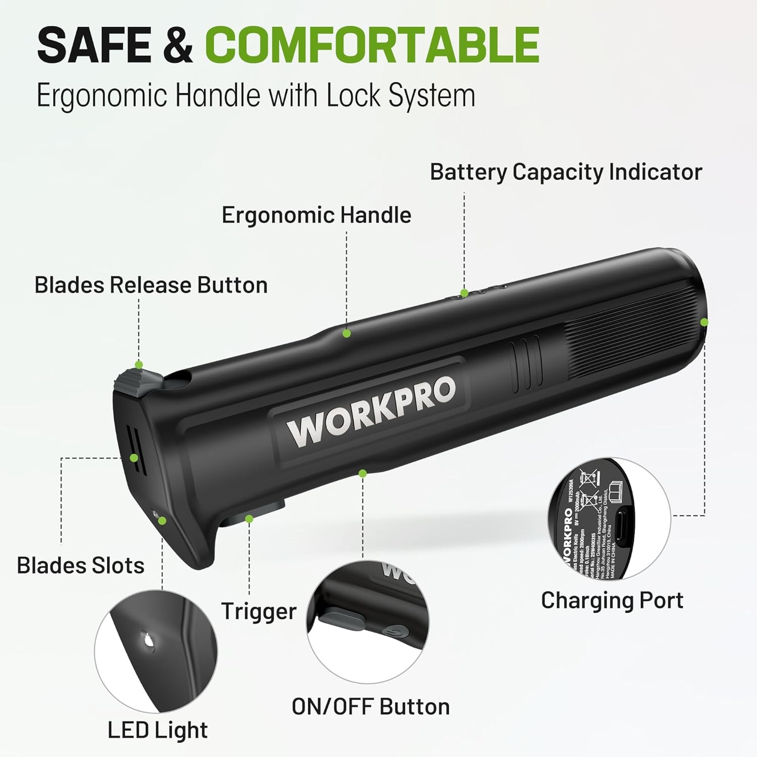 WORKPRO Cordless Electric Knife for Turkey Fish & Bread 2 Stainless Steel Blades