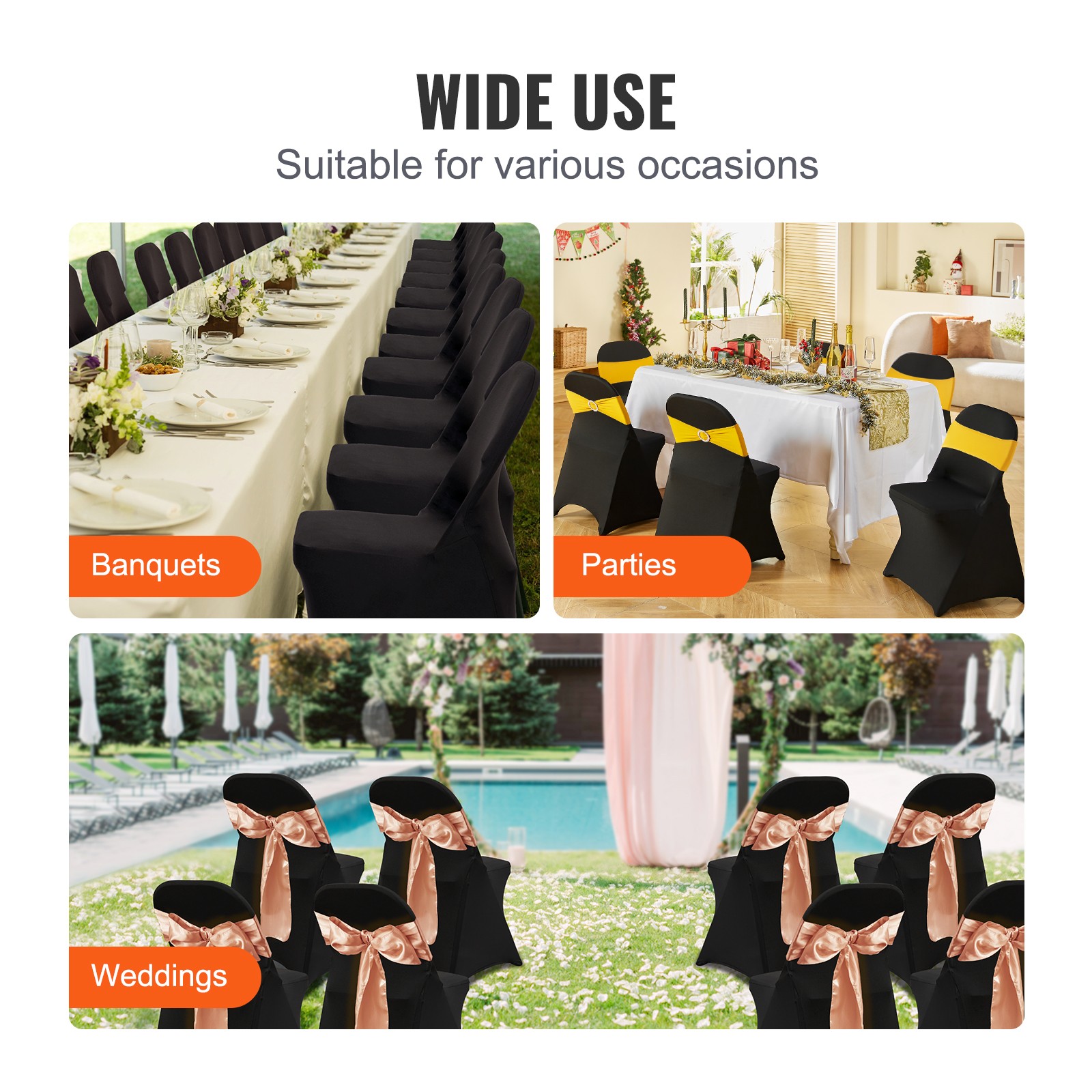 VEVOR 50PCS Black Stretch Spandex Folding Chair Covers for Wedding Party Dining
