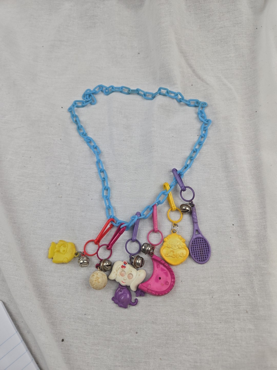 Vintage 80s Plastic Clip On Bell Charm Necklace  5 Charms