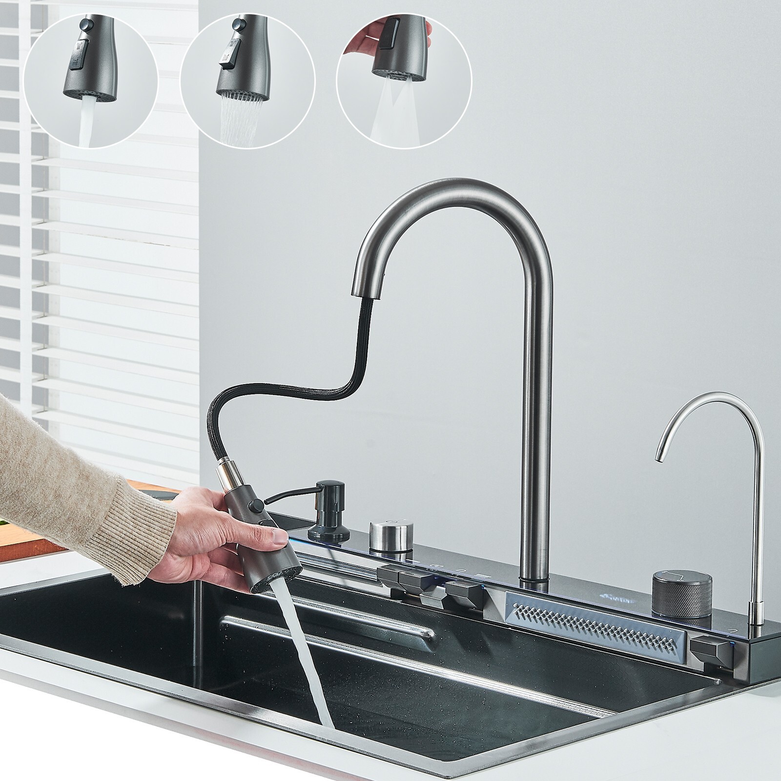 Flying Rain Stainles Steel Waterfall Kitchen Sink with Pull Down Faucet 29.5INCH