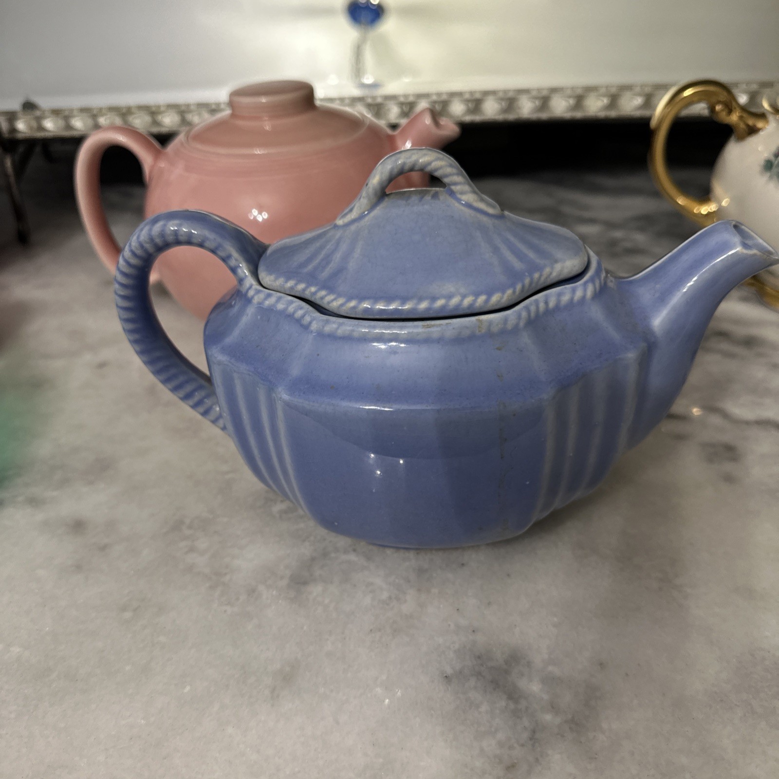 Lot Of 4 Beautiful Teapots In Various Colors. 3 Solid And 1 Floral Patterned