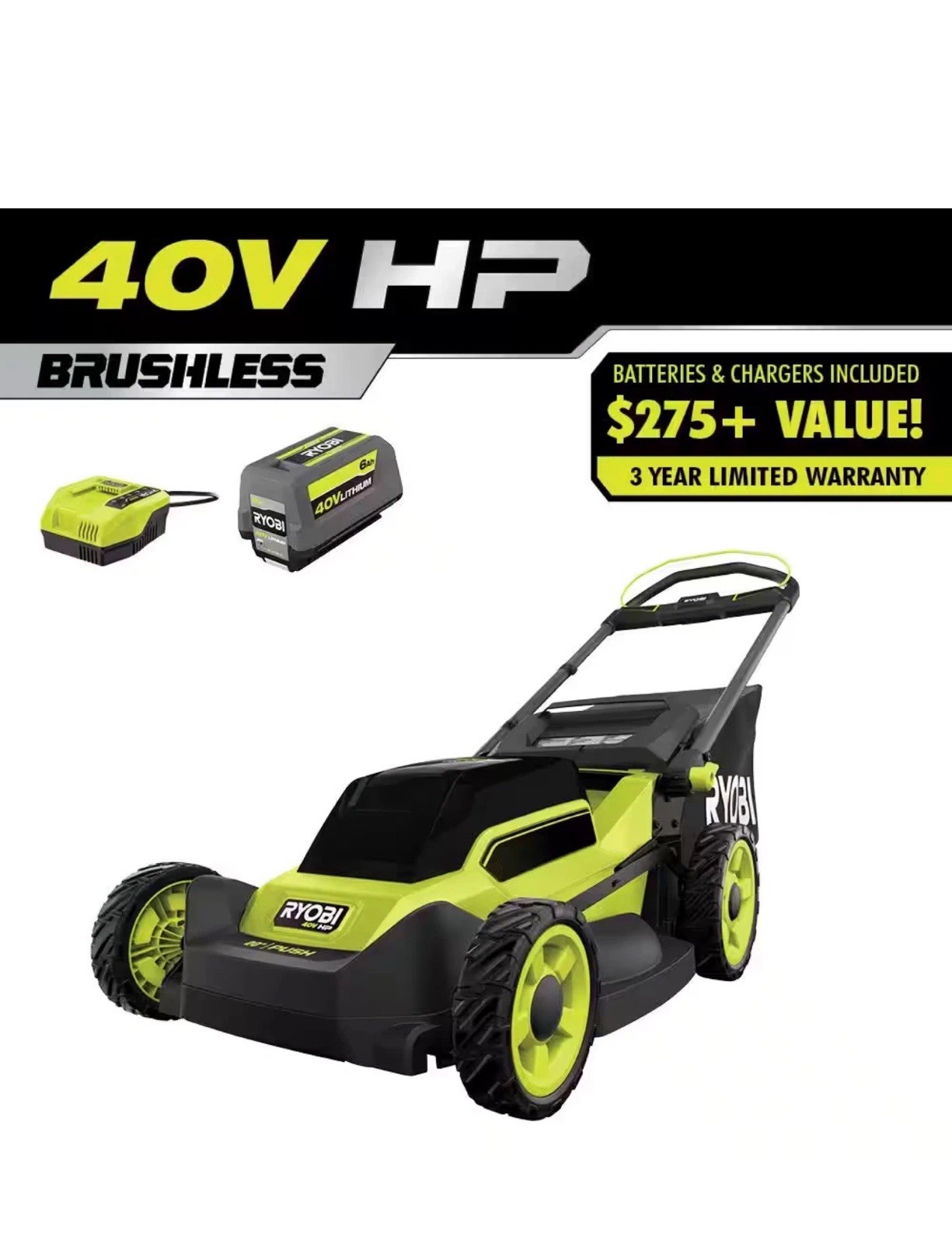 RYOBI 40V HP Brushless 20" Cordless Battery Walk Behind Push Mower RY401170