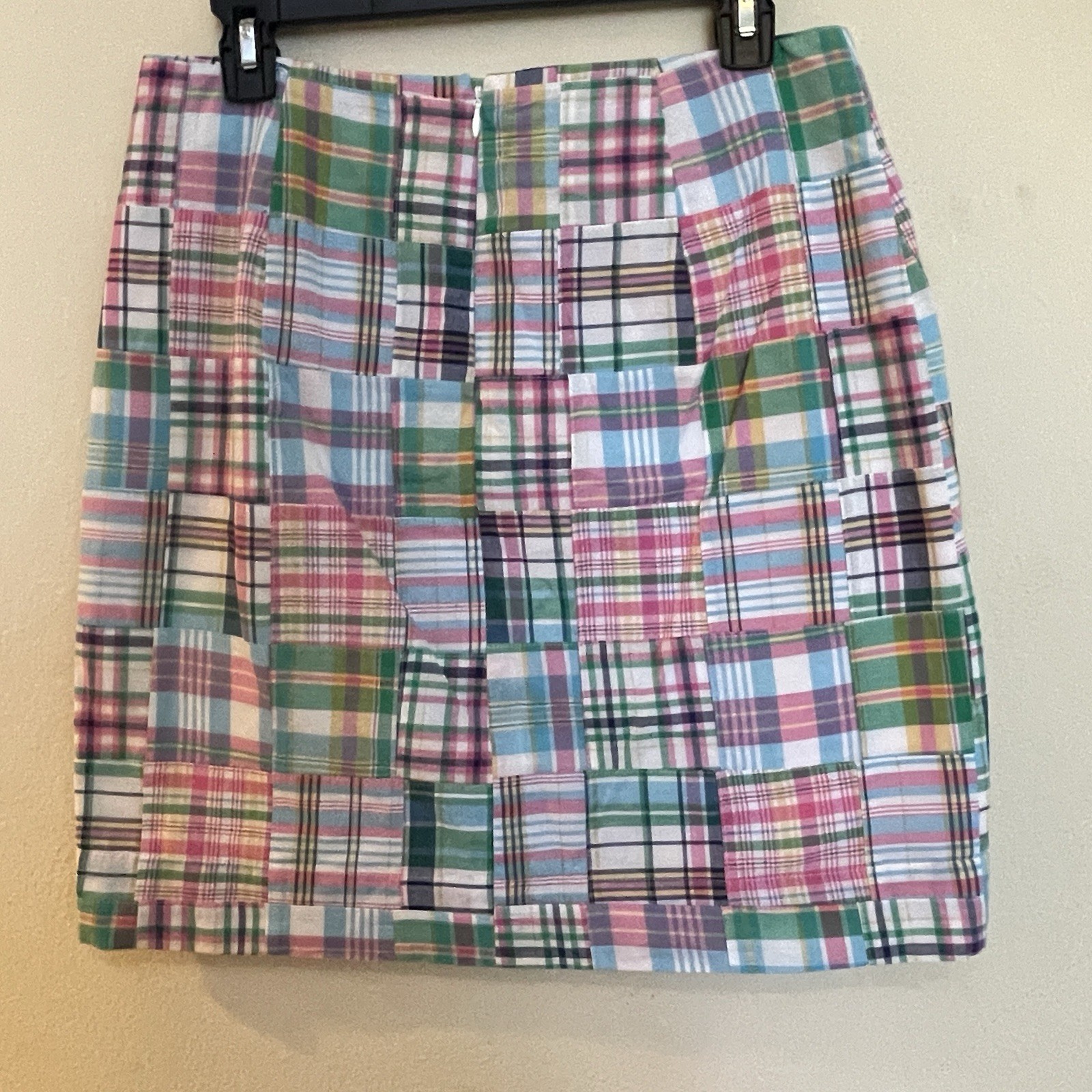 Talbots Madras Plaid Patchwork Skirt Sz 6, Pink Green Blue Pastels, Lined, Zip