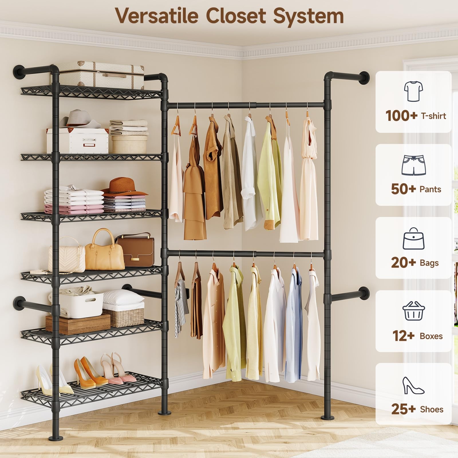 L2 Wall Mounted Closet System, Industrial Pipe Clothing Rack Clothes Racks