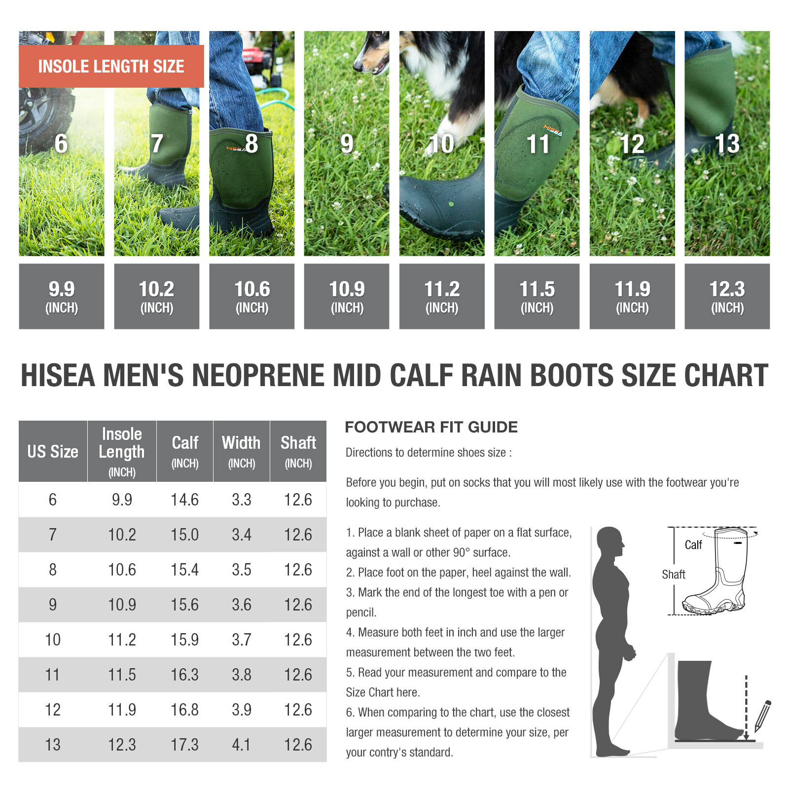 HISEA Men Mid-Calf Rain Boots Waterproof Insulated Snow Hunting Garden Mud Boots