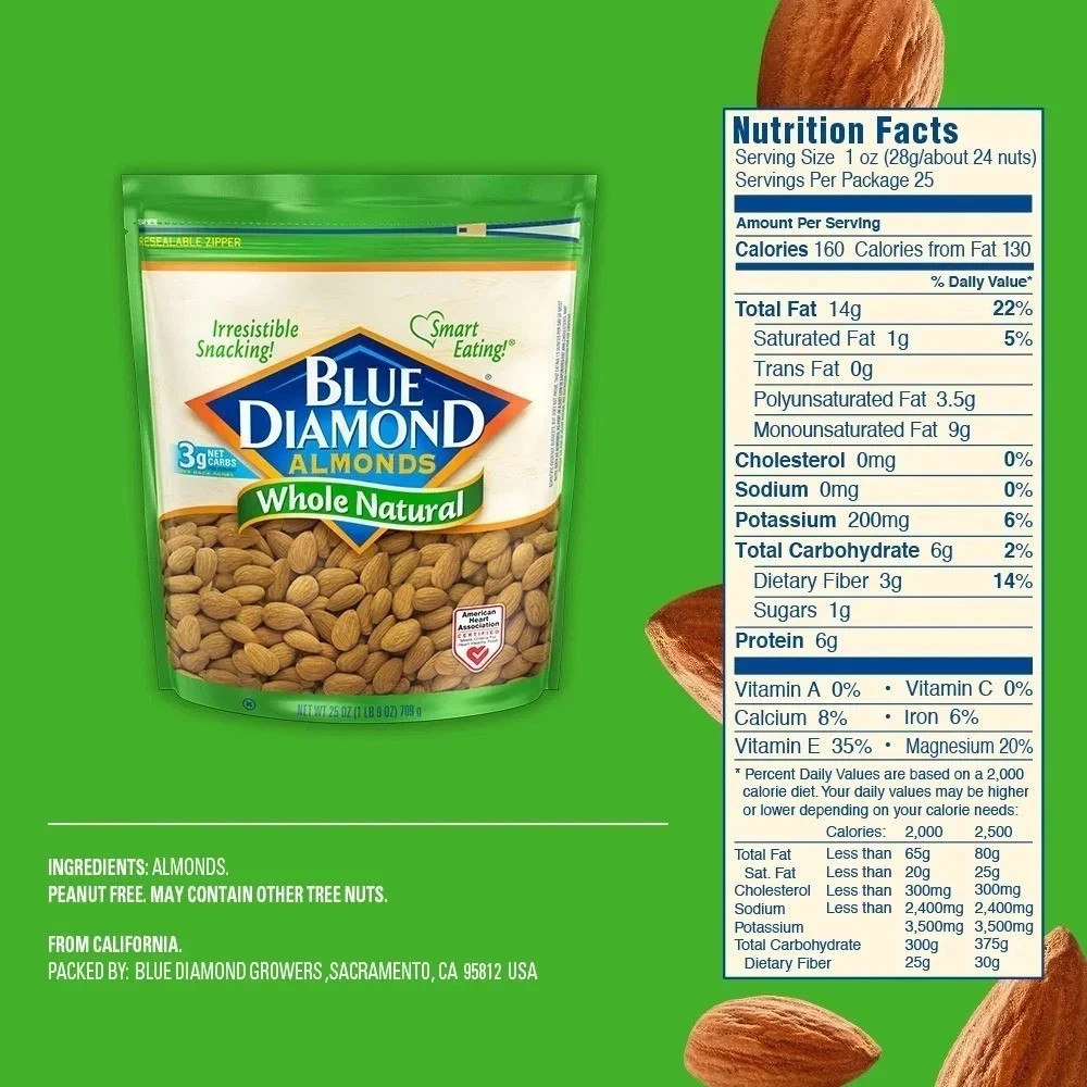 Blue Diamond Whole, Raw, Natural Almonds, 25 Oz