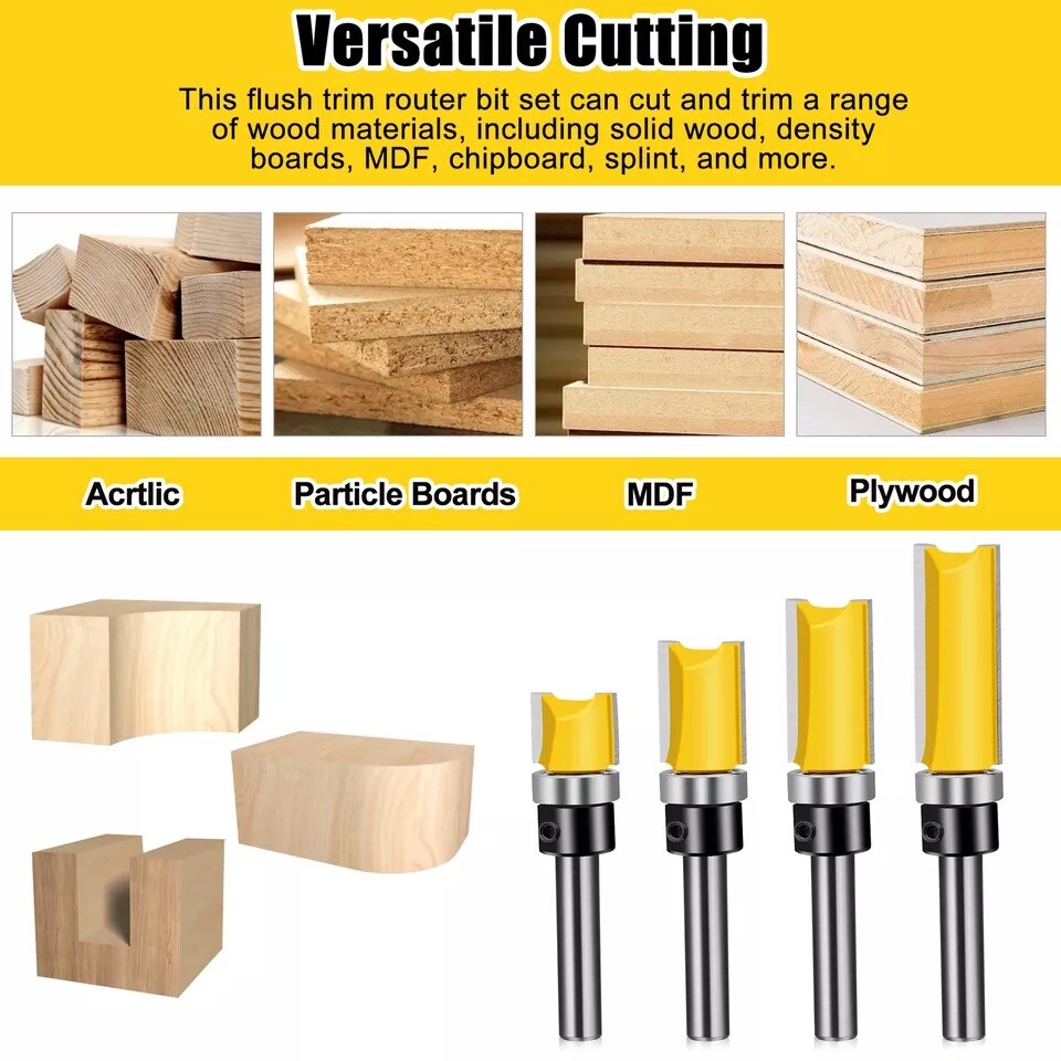 4Pcs 1/4'' Shank Top Bearing Flush Trim Carbide Router Bit Set Milling Cutter US