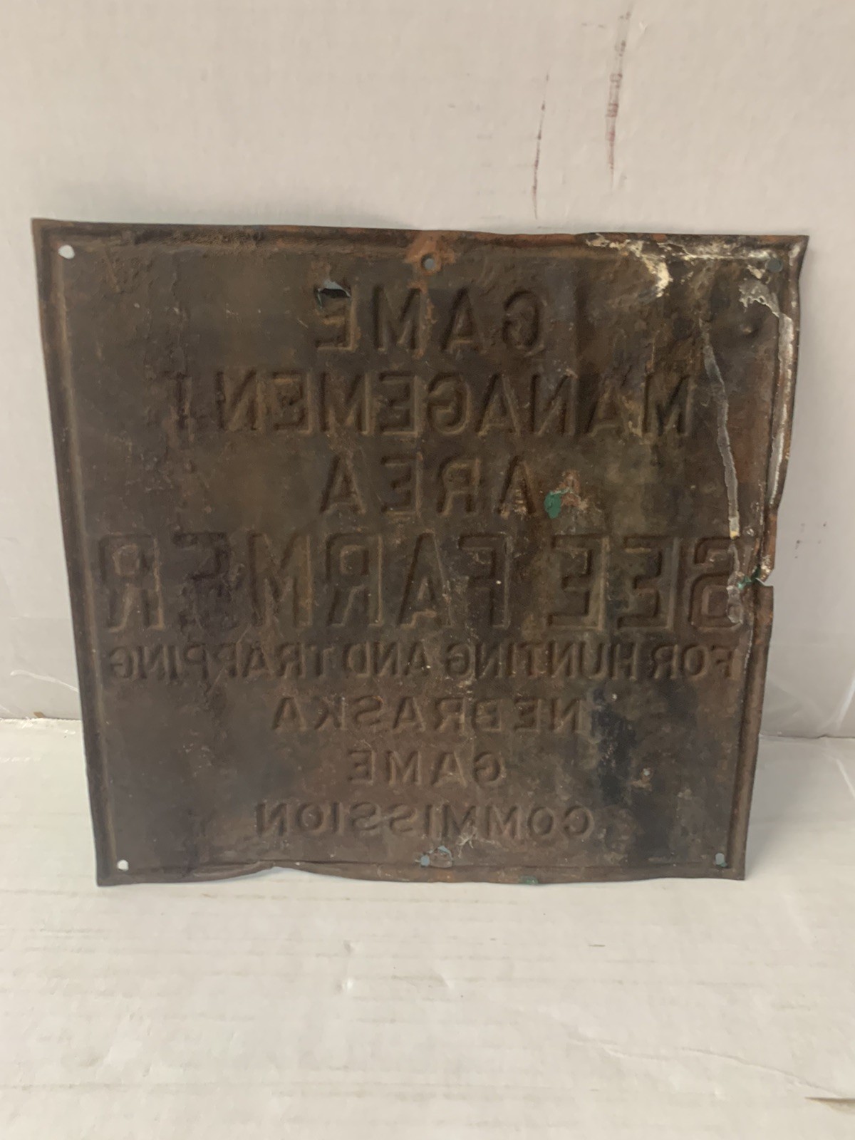 Vintage Nebraska Game Management Area See Farmer For Hunting Metal Sign-VERYRARE