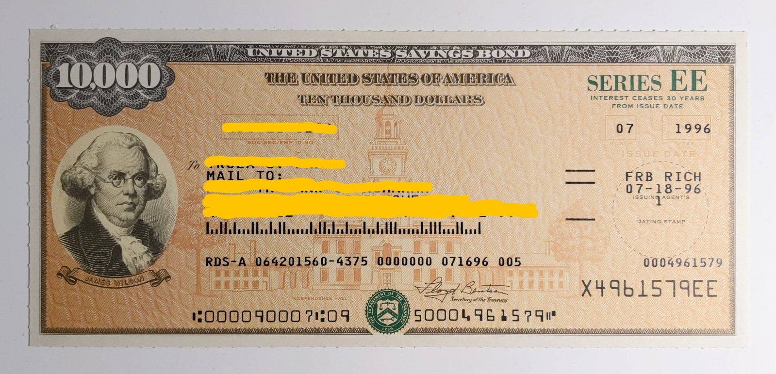 $10,000 US Savings Bond Series EE 07/96 *NOT Redeemable UNCANCELED James Wilson
