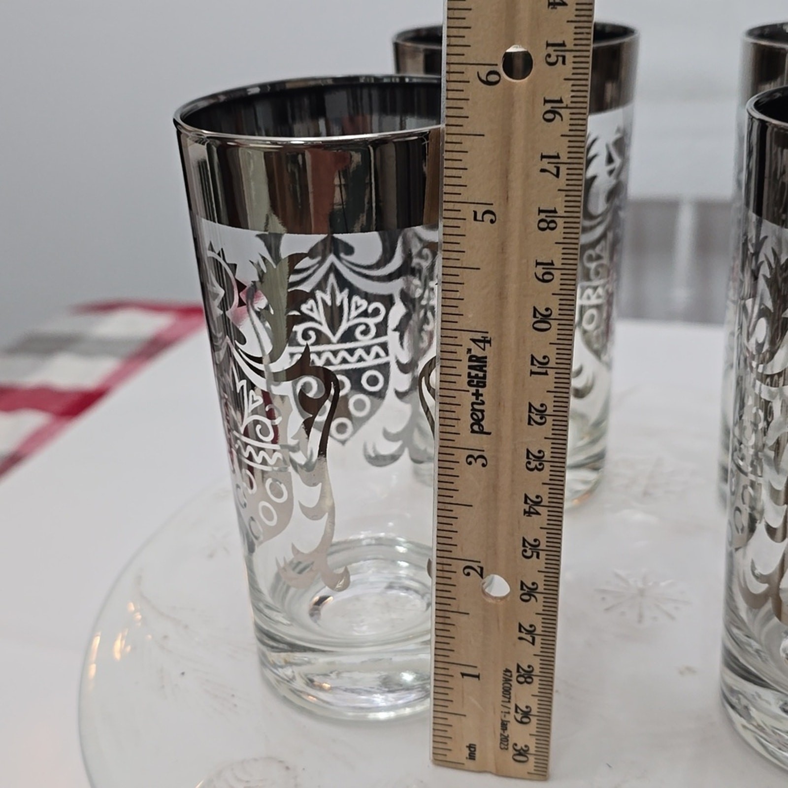 Vintage MCM Set Of 4 Kimiko Silver Knight Shield Highball Glasses Barware