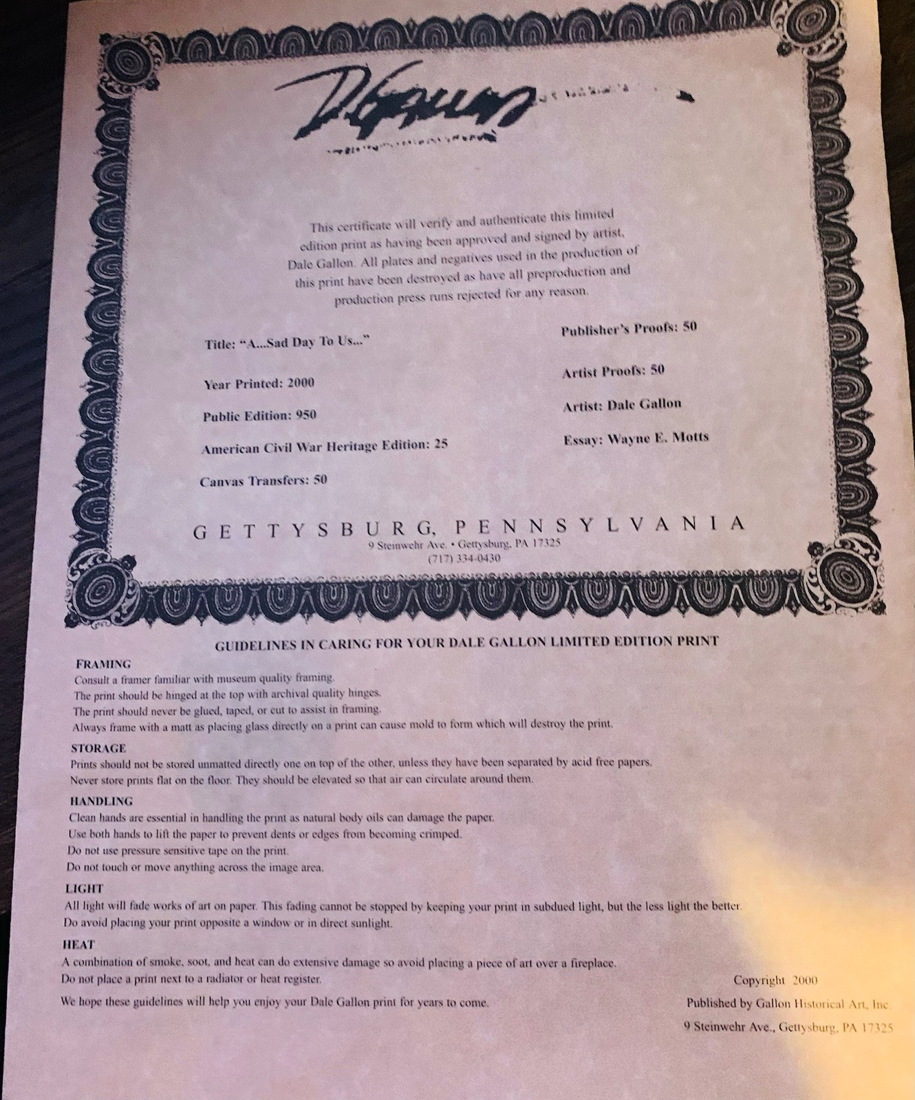 A…Sad Day To US… By Dale Gallon Signed And Numbered Professionally Framed