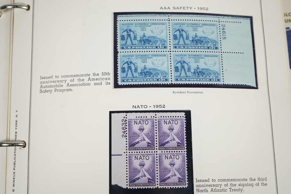 US 1950s-1960s COLLECTION OF 240 MINT PLATE BLOCKS STORED IN MINKUS ALBUM