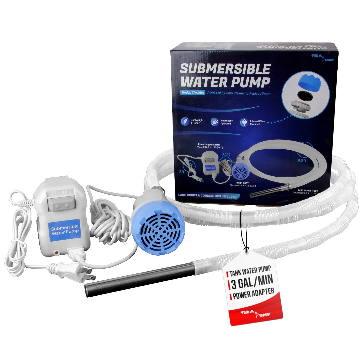 12v Submersible Fish Tank Water Pump W/ 10ft Discharge Hose And Filtered Mesh In