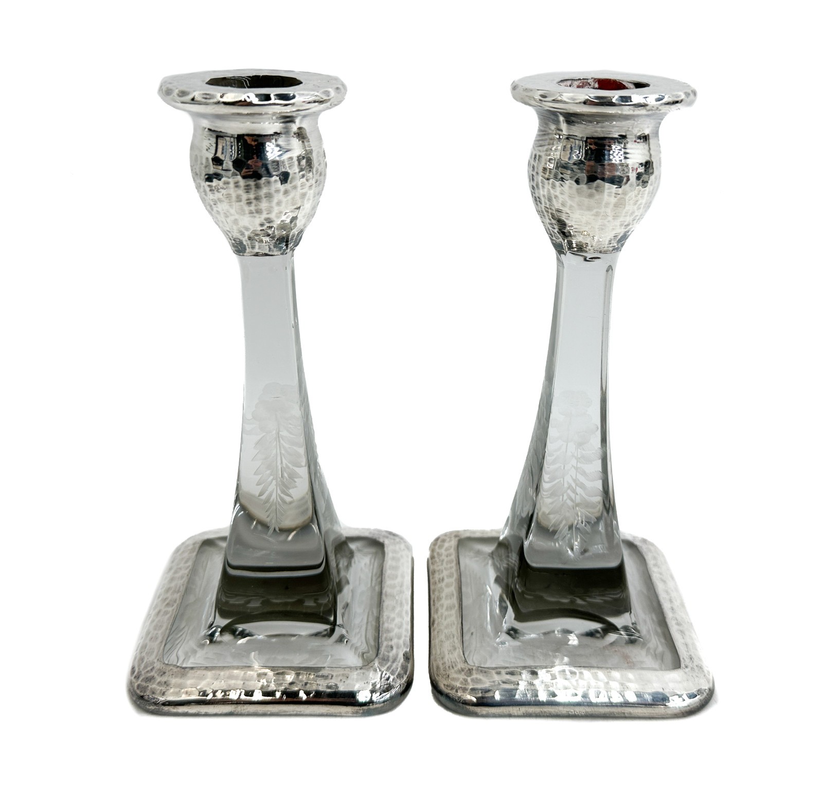 Vintage Pair Hand Hammered Sterling Silver and Cut Glass Candlestick Holders