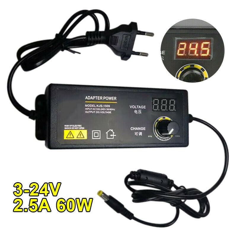 3V-24V 2.5A 60W Adjustable DC Power Supply Adapter Control Volt Display 8 Plugs