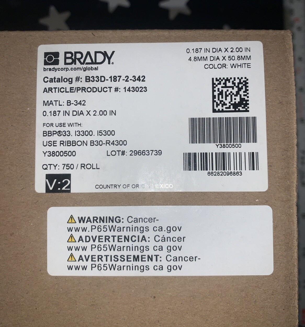Brand New BRADY B33D-187-2-342 .187” X 2” 750 White Labels per roll - 1 ROLL