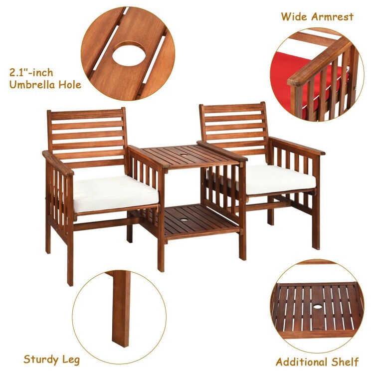 3PCS Outdoor Patio Cushion Furniture Acacia Wood Chair Coffee Table Set Backyard