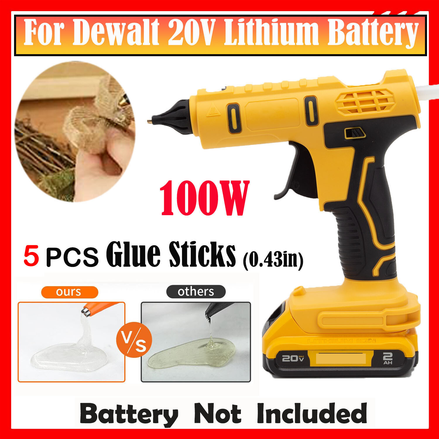 100W Glue Gun For Dewalt 20V Li-ion Battery For DIY Art Projects Quick Repairs