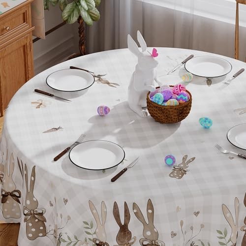Round Easter Tablecloth 70x70 Inch, Washable Eggs Floral Bunny 70" (Round)