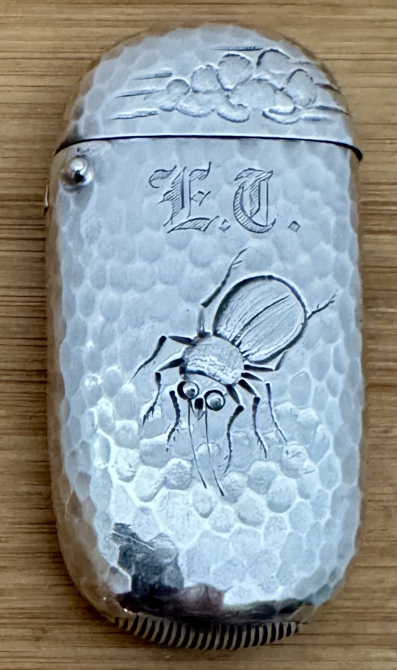 RARE DOMINICK HAFF AESTHETIC BUGS HAMMERED STERLING MATCH SAFE VESTA CASE C 1880