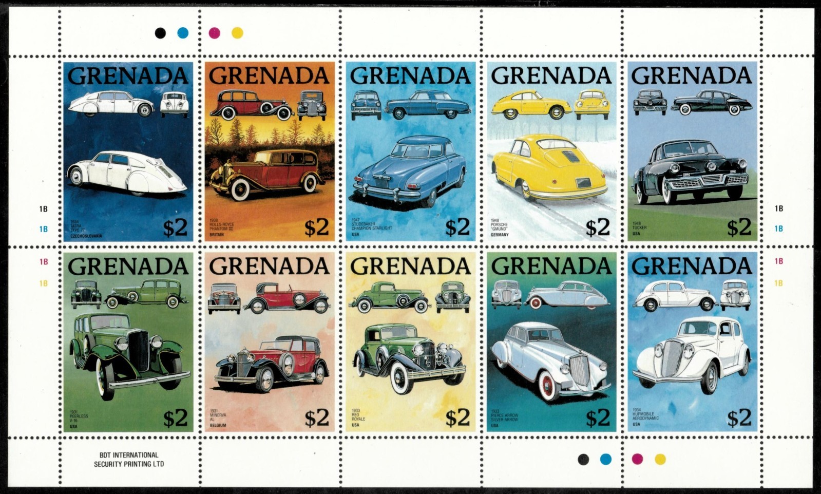 Grenada 1988 - Cars - Sheet of 10 Stamps - Scott #1613 - MNH