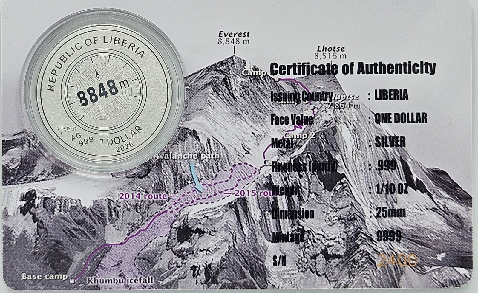 MOUNT EVEREST 1/10 Oz Silver Coin 1$ Liberia 2026