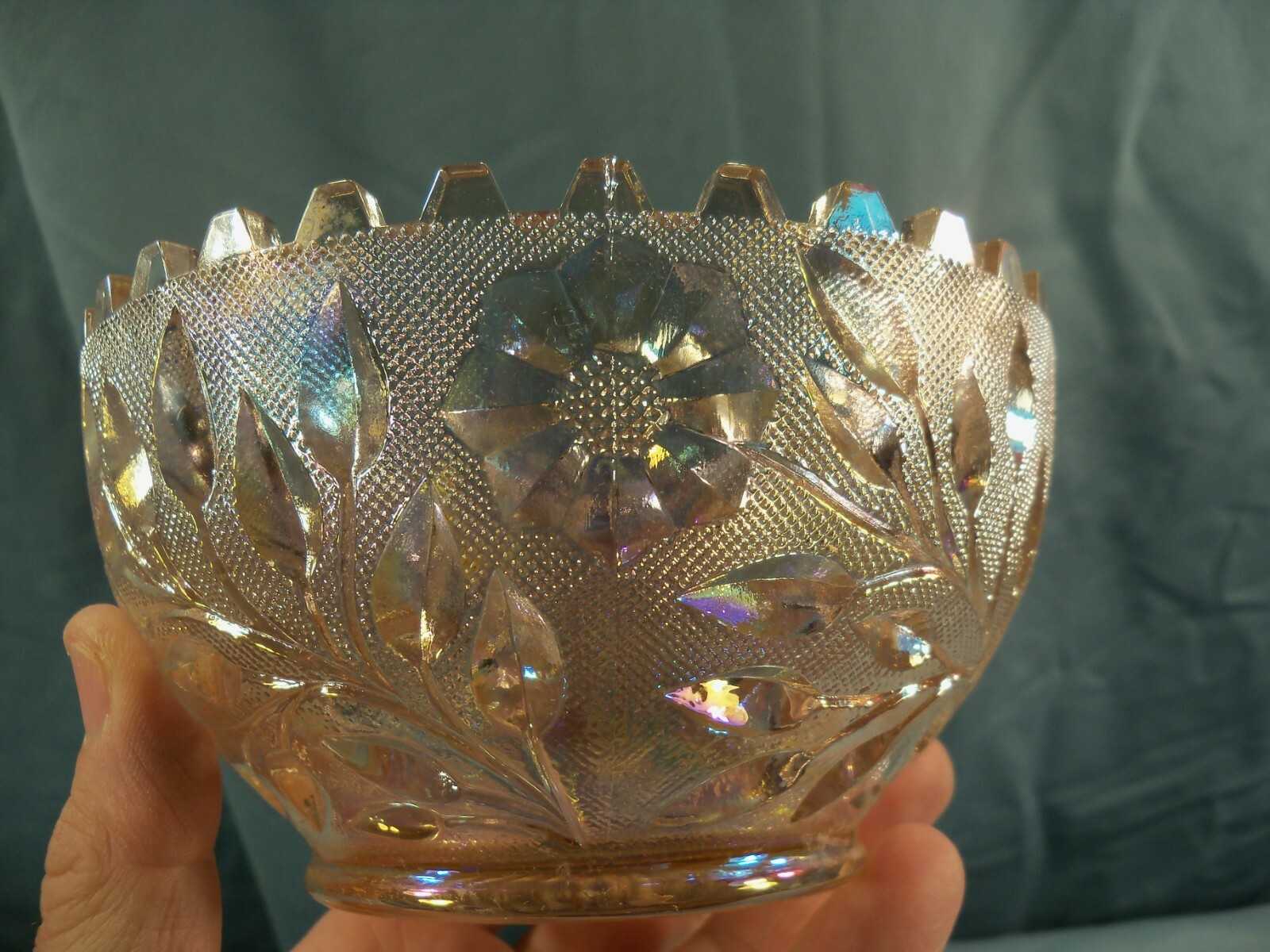 Westmoreland Pink Carnival Glass Wildflower & Lace Finger Bowl / Fireball Bottom