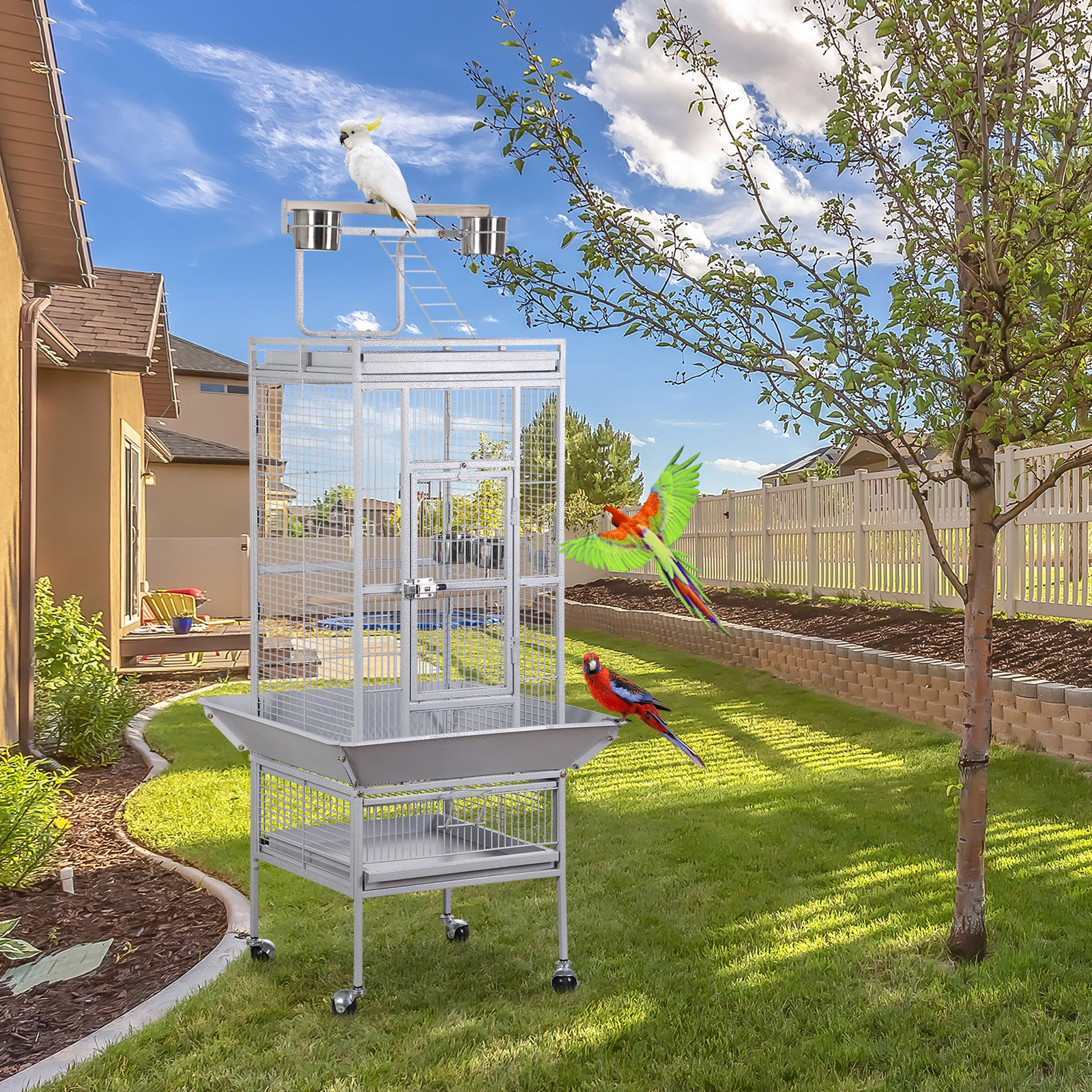 61" Wrought Iron Parrot Bird Cage Playtop w/ Rolling Stand for Cockatiels White