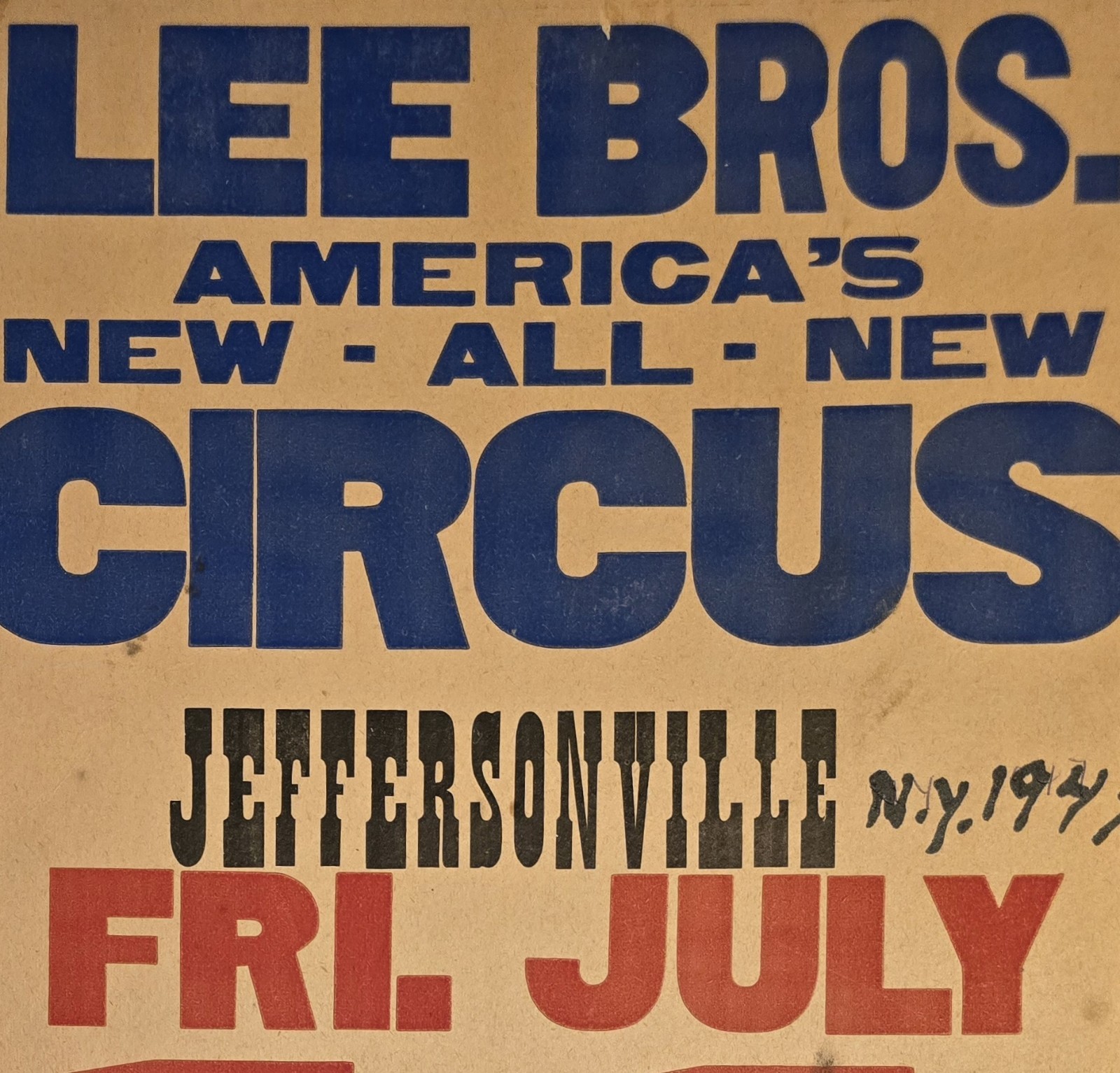 Vintage 1940s Lee Bros Circus Poster Jeffersonville NY 14" X 22" New York 1947