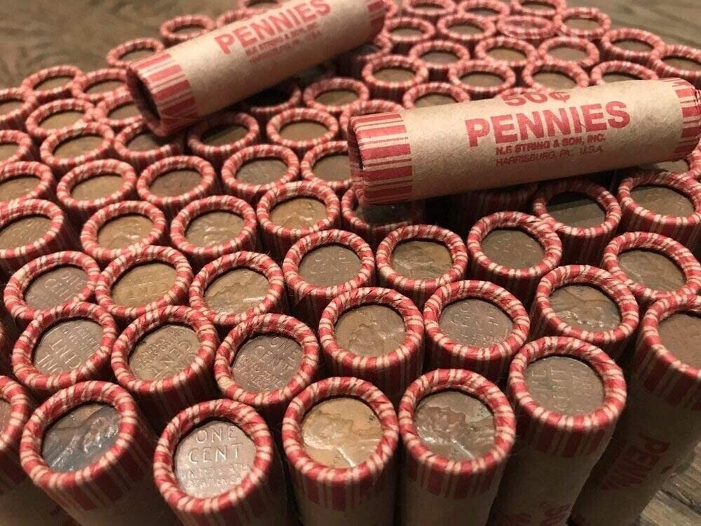 Old US Silver Dime On One End ~ Wheat Penny Lincoln Cent Roll ~ Estate Coins