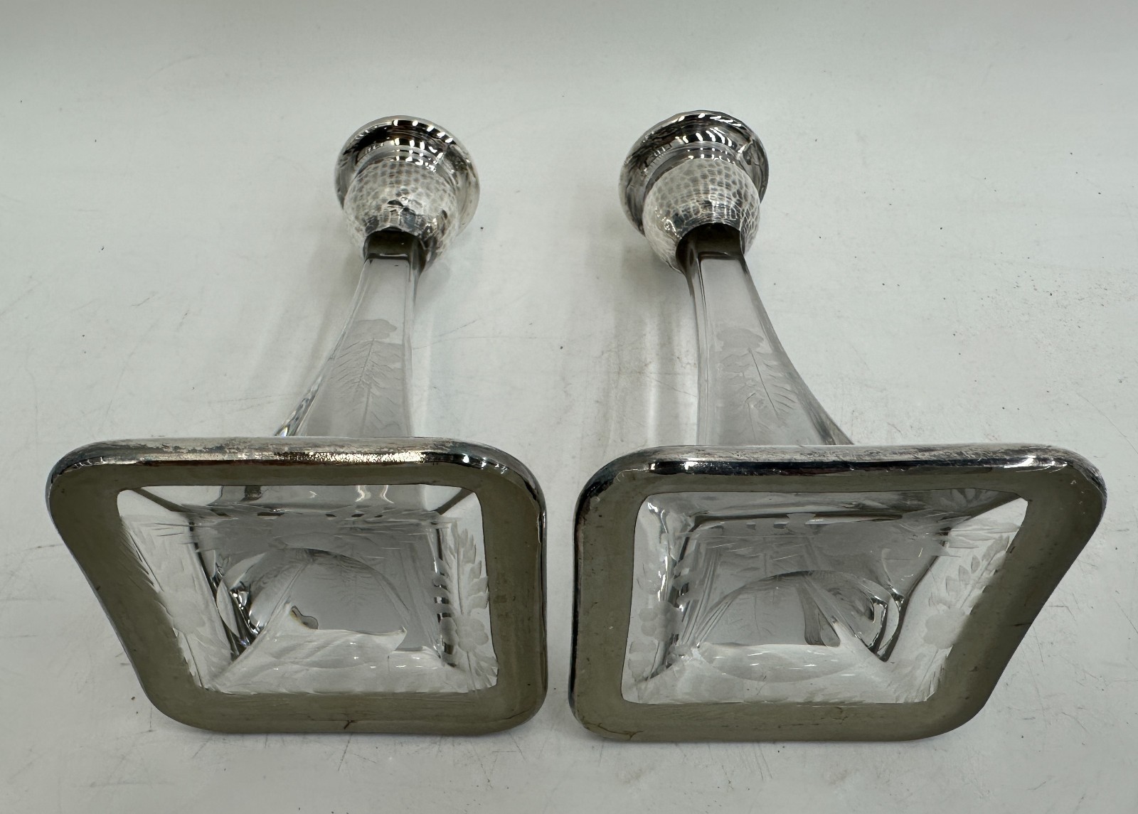 Vintage Pair Hand Hammered Sterling Silver and Cut Glass Candlestick Holders