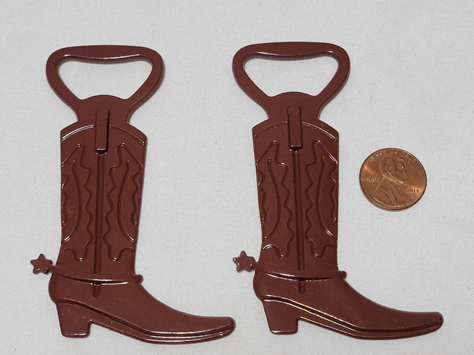2 X Brown Cowboy Boot Bottle Openers Lot 3.5" Metal w/ Spurs top opener pair set