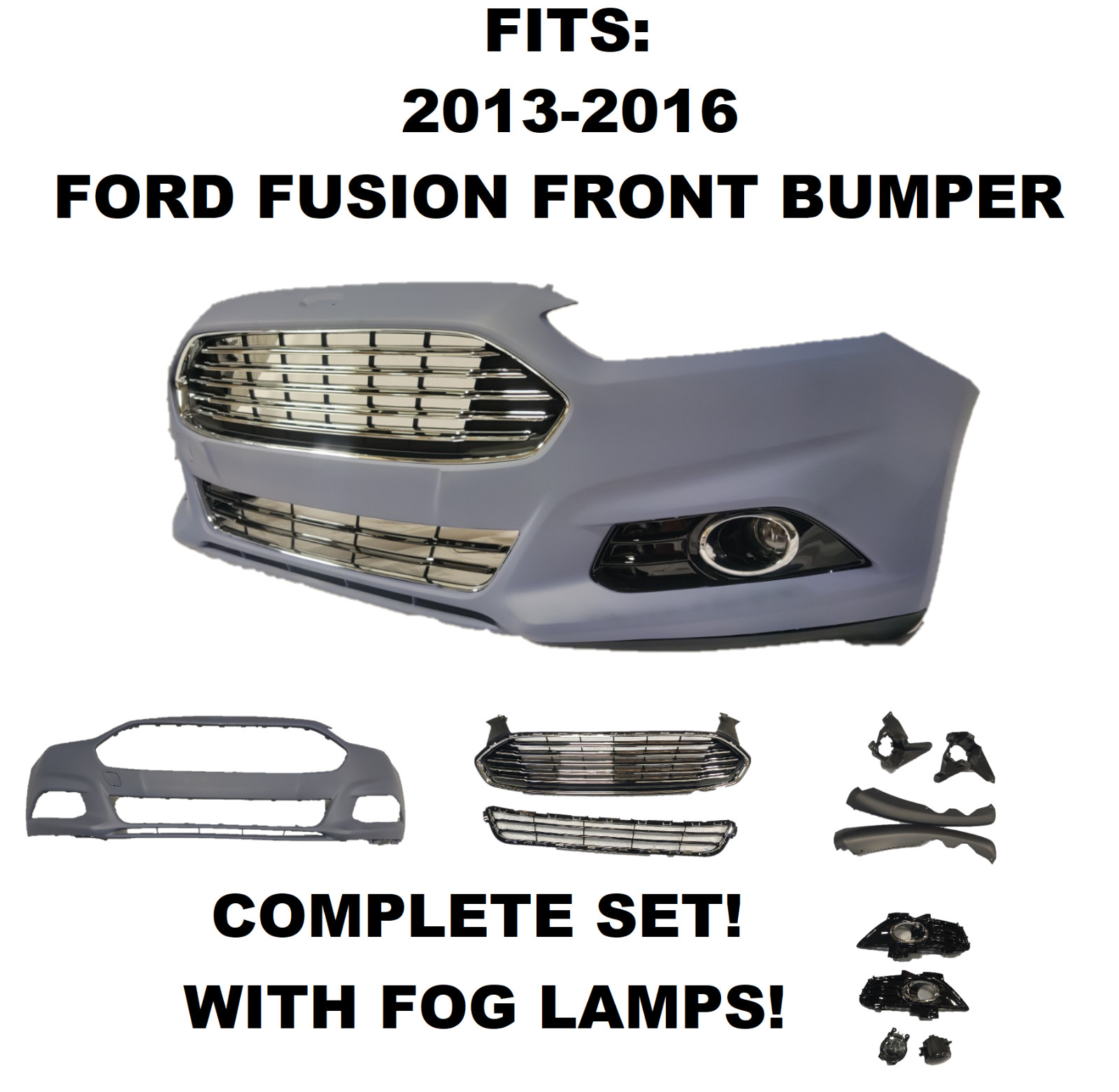 For Ford Fusion 2013 2014-2016 Front Bumper Cover & Front Upper and Lower Grille