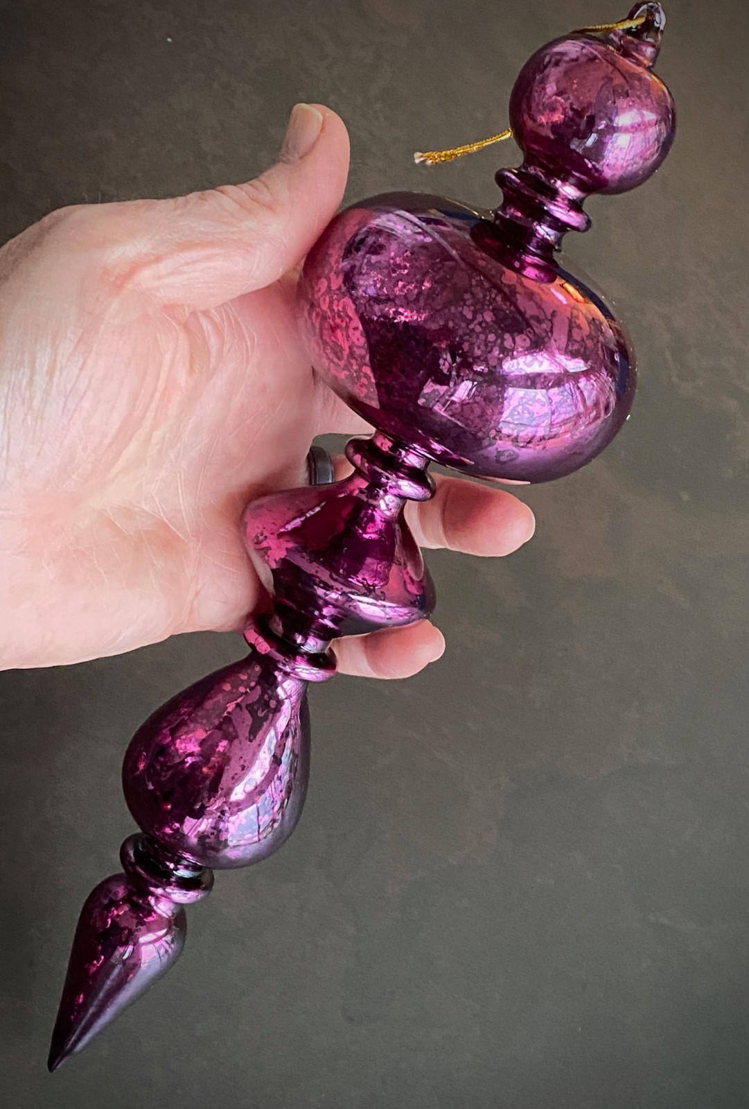 Large 11.5" Purple Mercury Glass Finial Ornament Hand Blown w/ Hand Formed Loop