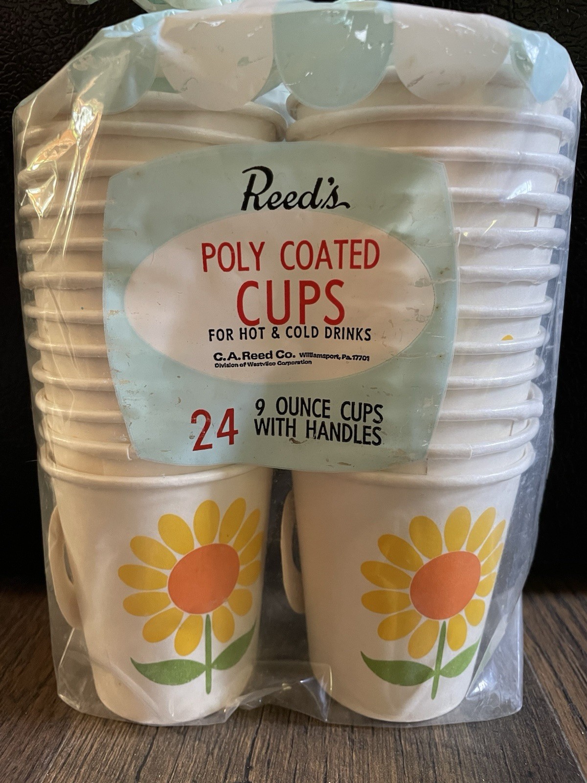 24 Vintage PAPER CUPS Hot Cold Drinks 9oz WITH HANDLES Poly Coated REED'S Flower