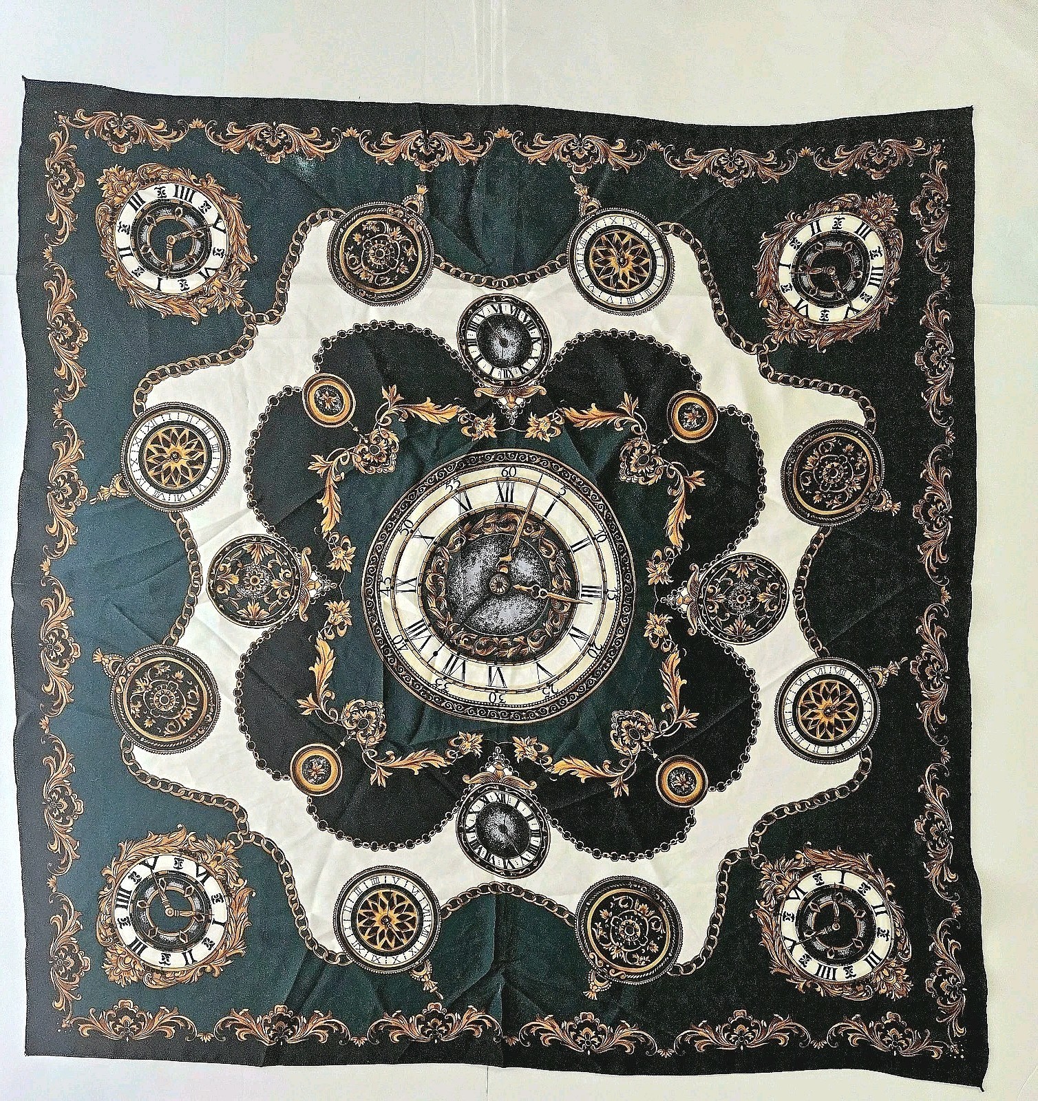 Vtg Peacock Trading Co Scarf 36" Sq Deep Green Gold W Clocks KOREA Silky Soft