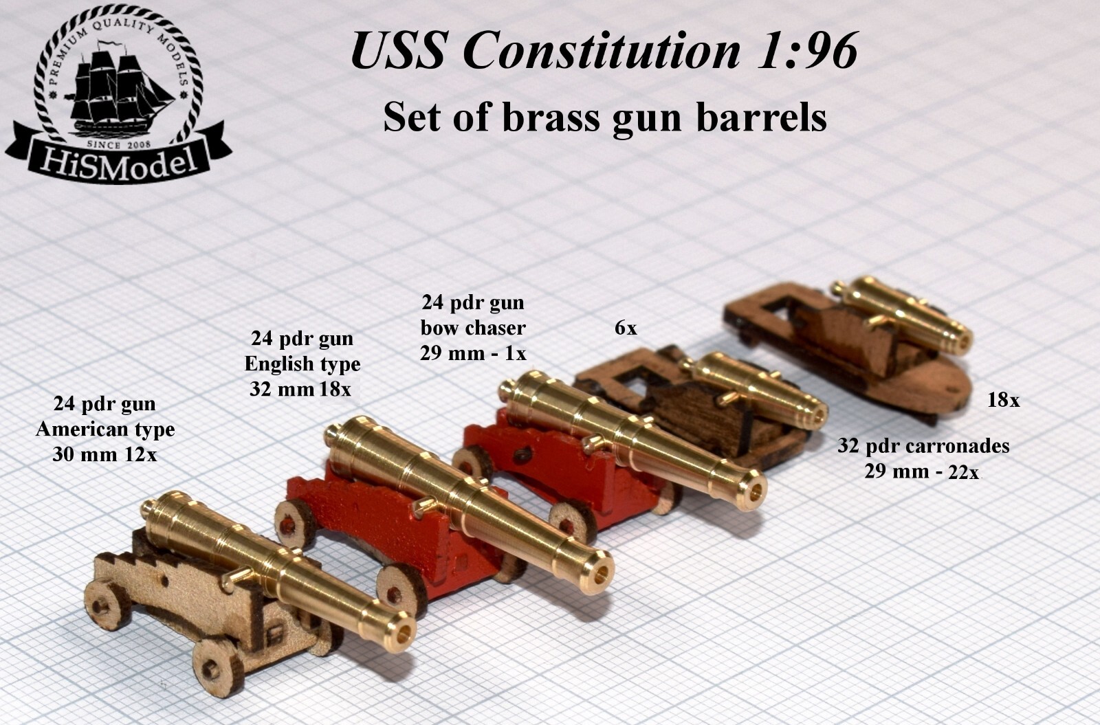 Revell USS Constitution, United States 1:96 - complete set of 53 brass cannons
