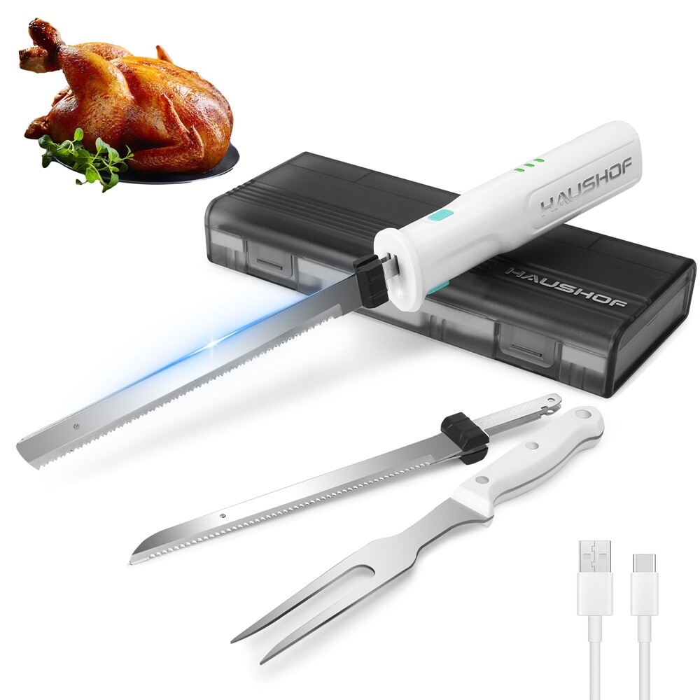HAUSHOF 8V Cordless Electric Knife Set Meat Cutter Stainless Steel Blades w/Case