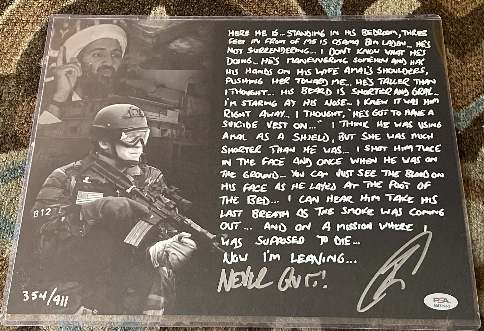 PSA DNA ROBERT O'NEILL /911 KILLED BIN LADEN SIGNED 11x14 PHOTO STORY  SEPT 11