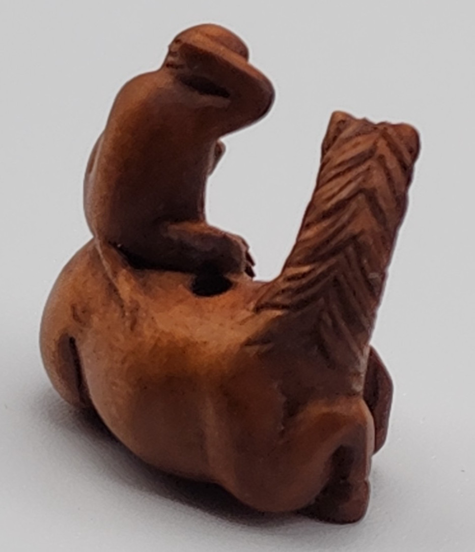 Ojime Bead? Carved Wood Monkey on Horse 2.5 cm Wide x 2.5 cm Tall Signed