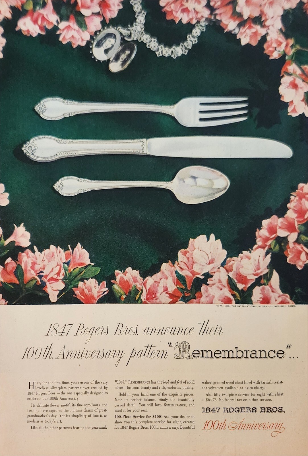 1947 Rogers Bros 1847 Silverplate Vintage Ad pattern Remembrance