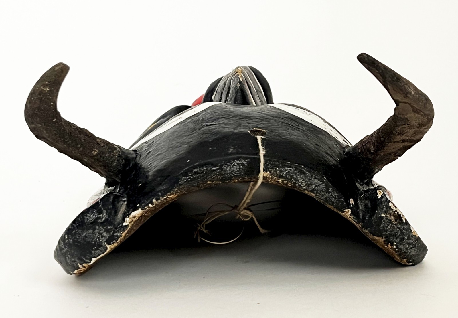 MEXICAN FOLK ART CARVED WOOD BLACK HORNED DIABLO DEVIL DEMON DANCE MASK 14 x 8"