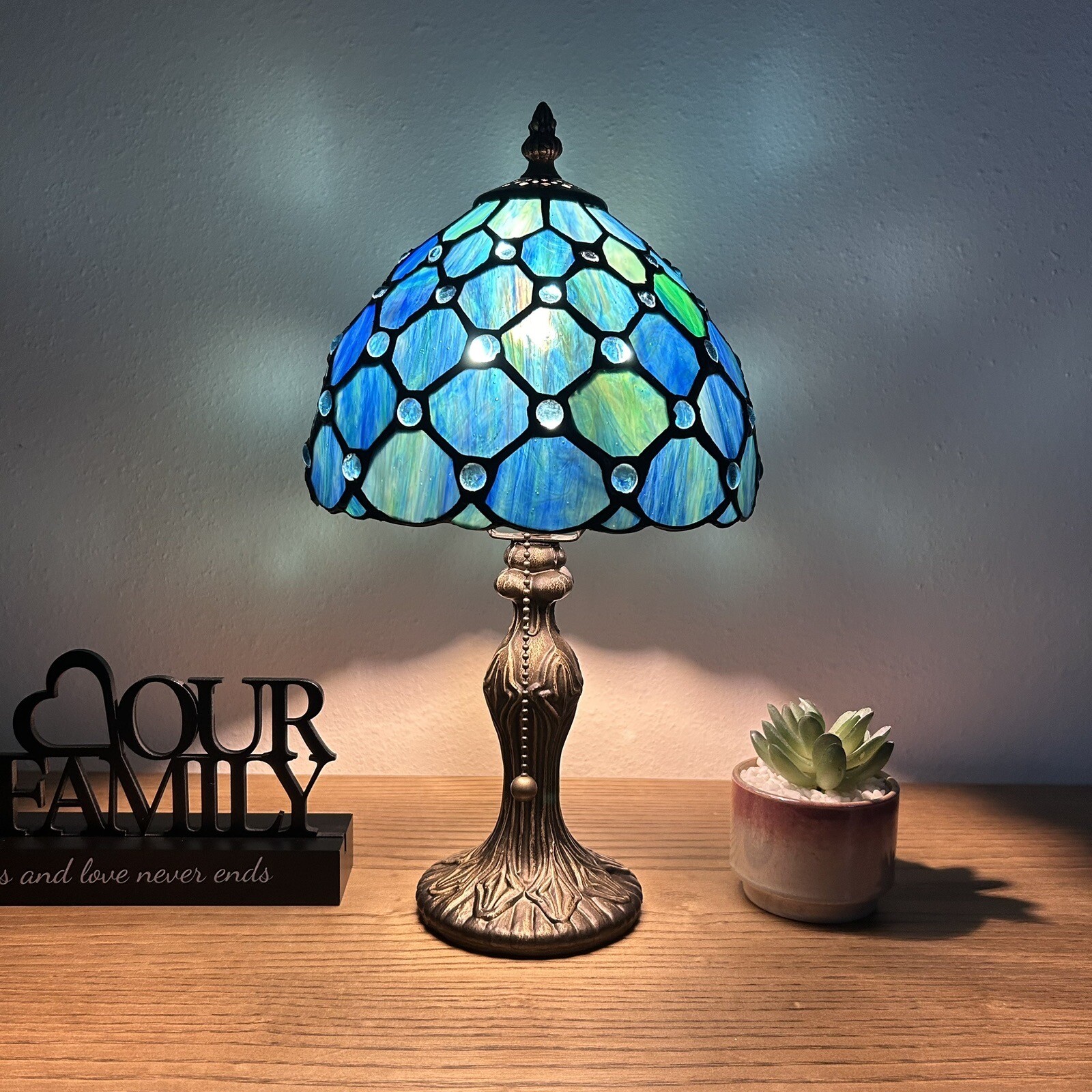 Tiffany Style Mini Table Lamp Blue Stained Glass Crystal Beans LED Bulb 14"H*8”W