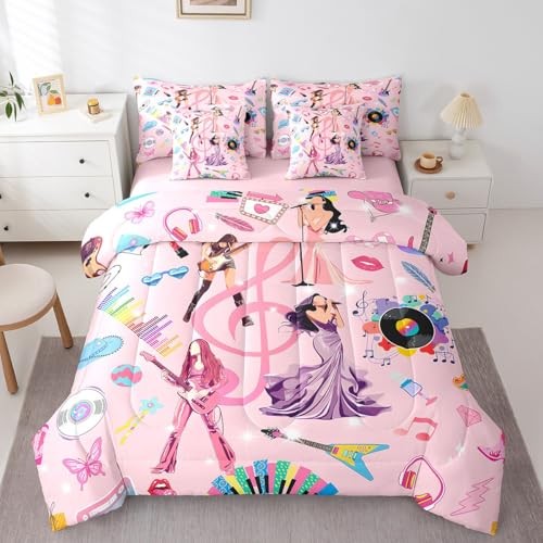 Kids Music Singer Comforter Set with Sheets Size, Rock Music Twin Pink Purple