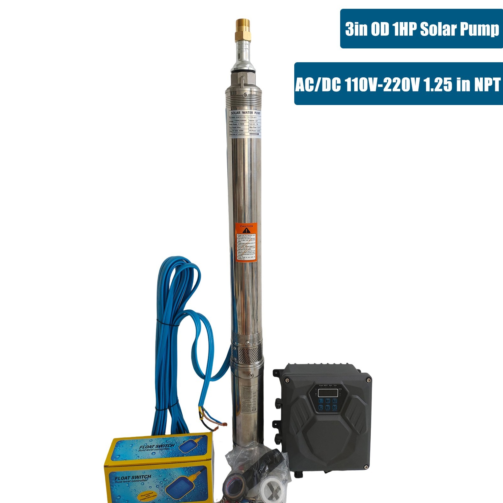 3" AC/DC 110V-220V Solar Powered Bore Well Water Pump 1HP Submersible Hybrid