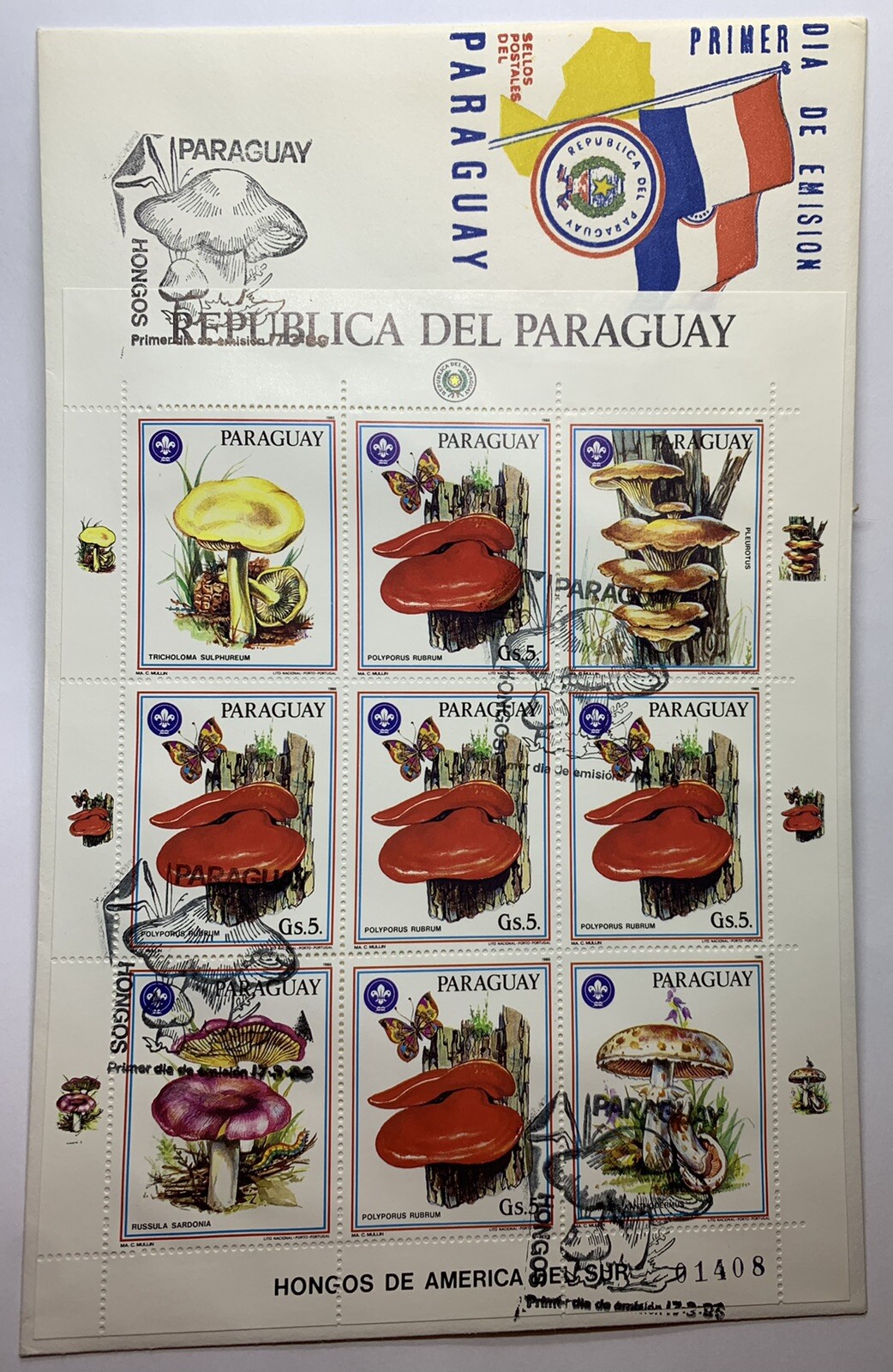 RARE 1986 PARAGUAY FDC COVER MUSHROOMS WITH CANCELED AND MINT NUMBERED SHEETS