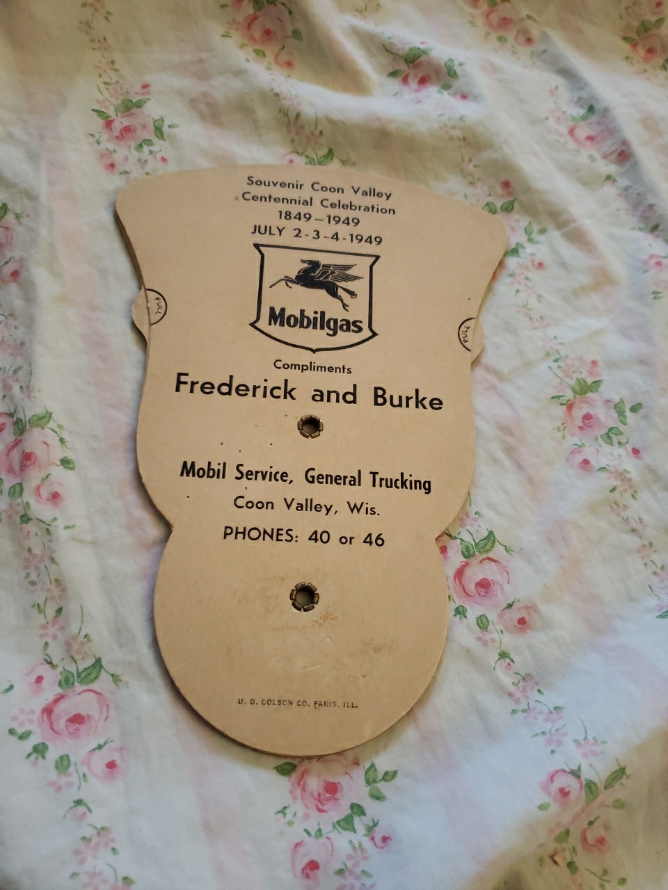 Mobilgas Giveaway Cardboard Fan, Frederick & Burke Mobil Service, Coon Valley WI