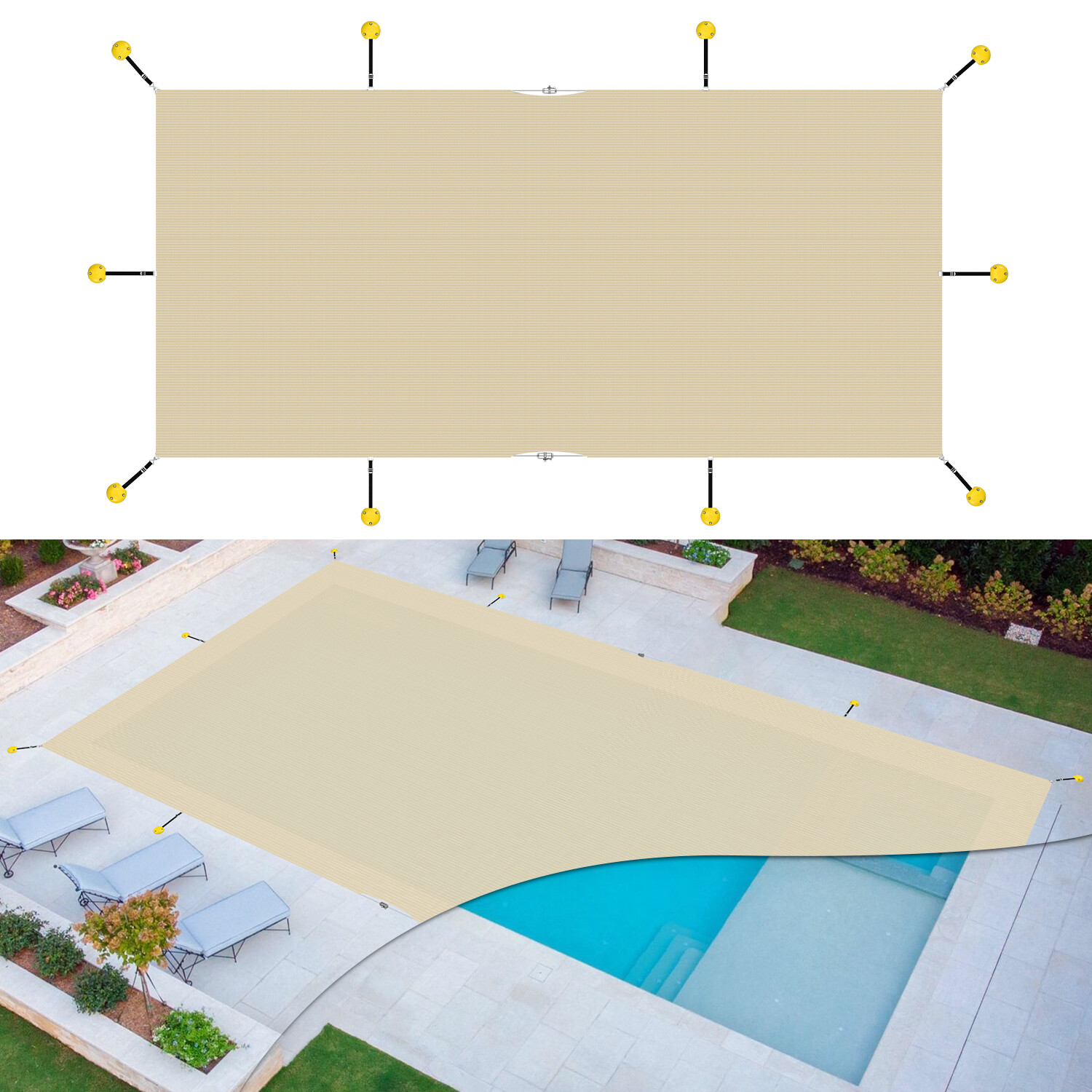 Inground Swimming Pool Cover Rectangle Heavy Duty Safety Winter Mesh Cover Beige